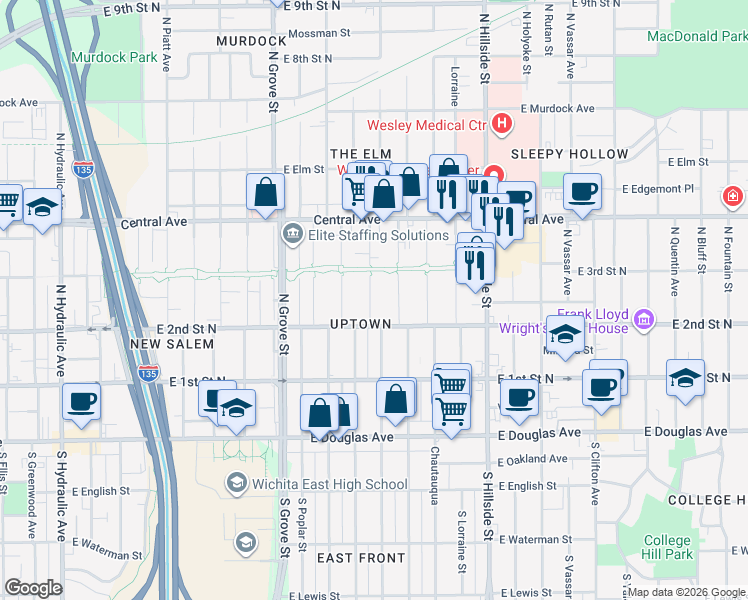 map of restaurants, bars, coffee shops, grocery stores, and more near 2726 East 2nd Street North in Wichita