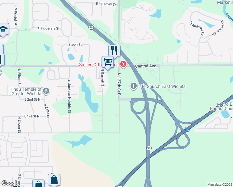 map of restaurants, bars, coffee shops, grocery stores, and more near 331 North 127th Street East in Wichita
