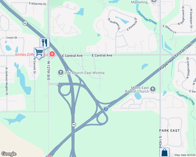map of restaurants, bars, coffee shops, grocery stores, and more near East Windham Street in Wichita