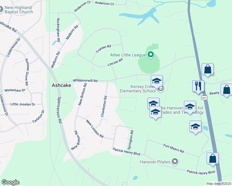 map of restaurants, bars, coffee shops, grocery stores, and more near 8458 Wheeling Road in Mechanicsville