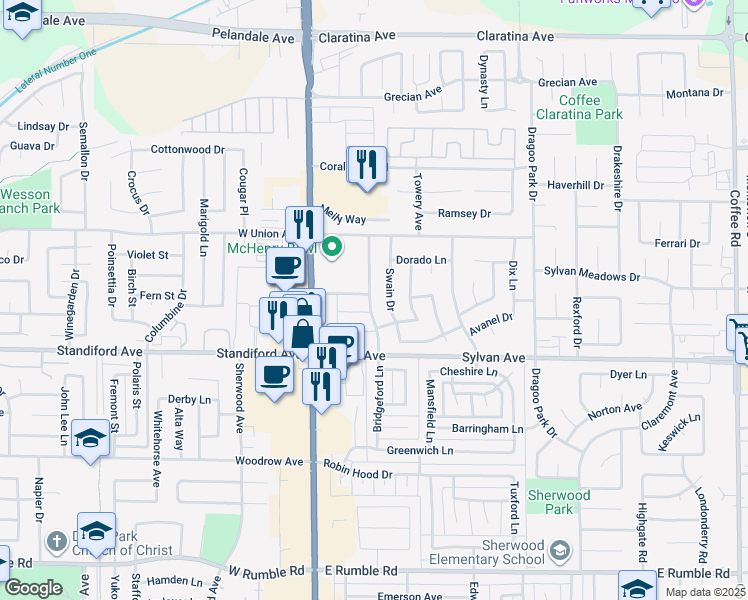 map of restaurants, bars, coffee shops, grocery stores, and more near 3618 Bridgeford Lane in Modesto