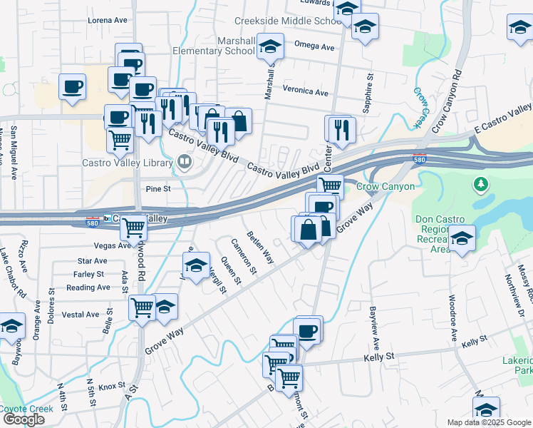 map of restaurants, bars, coffee shops, grocery stores, and more near 3037 Greenview Drive in Castro Valley