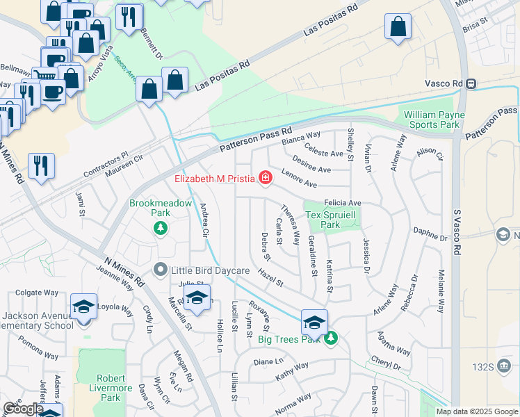 map of restaurants, bars, coffee shops, grocery stores, and more near 557 Debra Street in Livermore