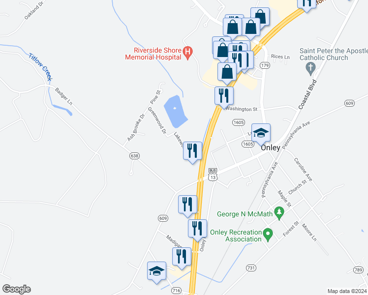 map of restaurants, bars, coffee shops, grocery stores, and more near Lakewood Drive in Onley