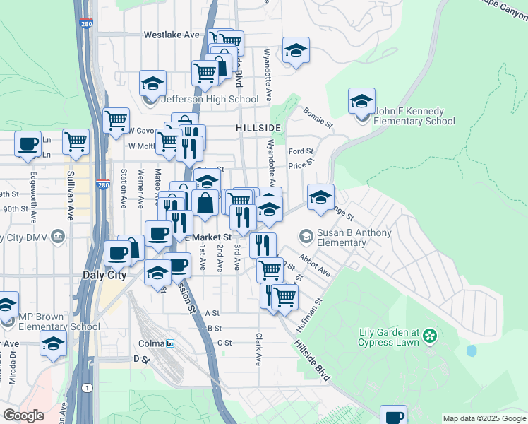 map of restaurants, bars, coffee shops, grocery stores, and more near 64 Teresa Street in Daly City