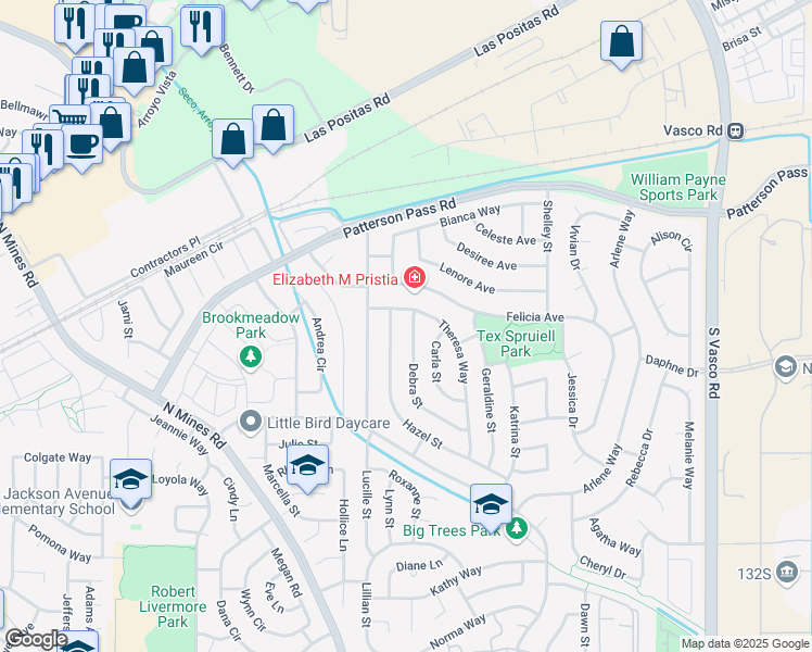 map of restaurants, bars, coffee shops, grocery stores, and more near 557 Debra Street in Livermore