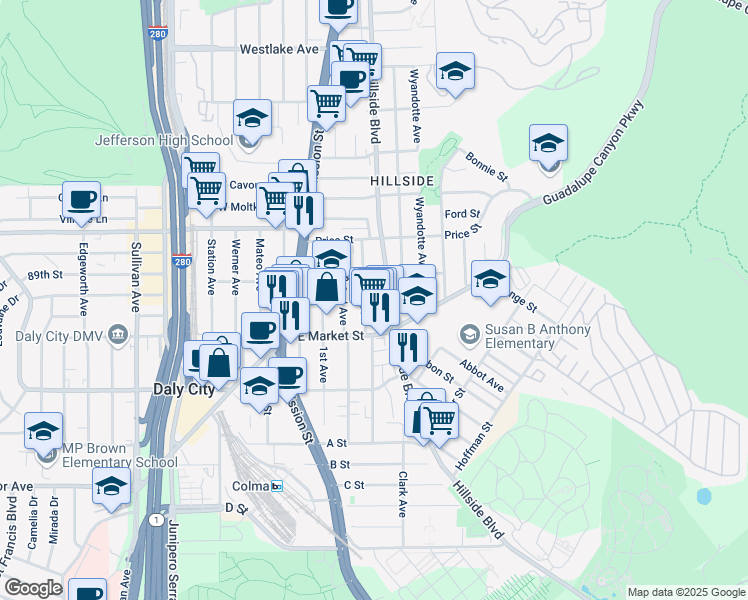 map of restaurants, bars, coffee shops, grocery stores, and more near 141 3rd Avenue in Daly City