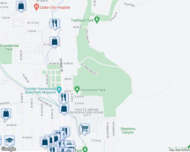 map of restaurants, bars, coffee shops, grocery stores, and more near 368 East Cedar Ridge Circle in Cedar City