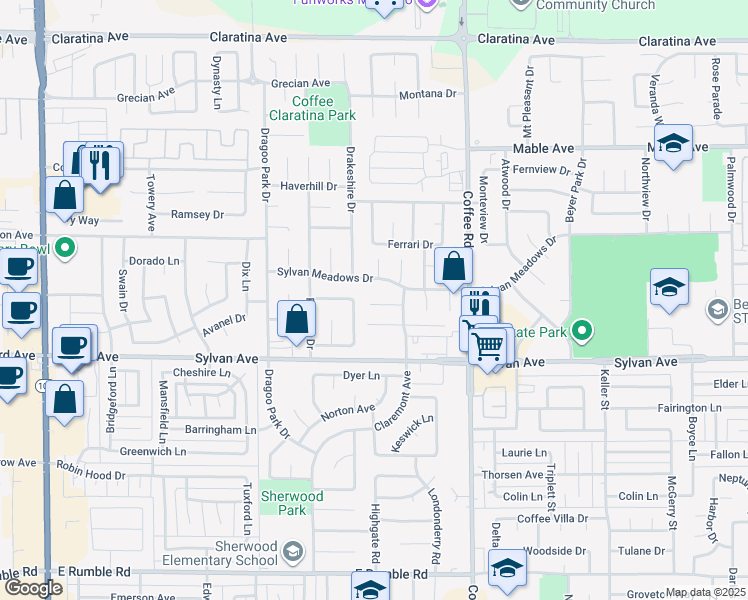 map of restaurants, bars, coffee shops, grocery stores, and more near 939 Claremont Court in Modesto