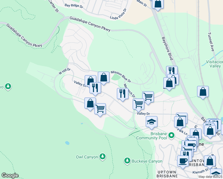 map of restaurants, bars, coffee shops, grocery stores, and more near 440 Valley Drive in Brisbane