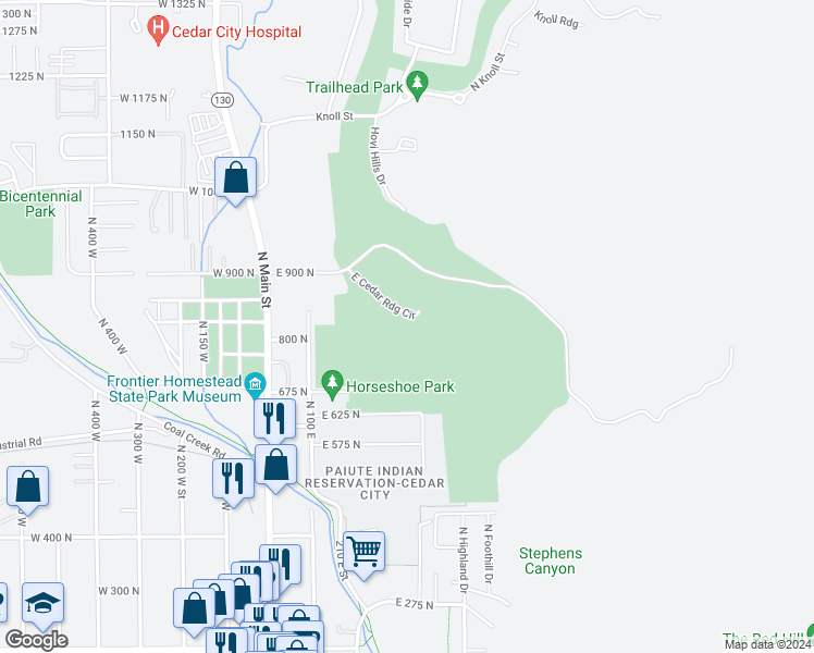 map of restaurants, bars, coffee shops, grocery stores, and more near 364 East Cedar Ridge Circle in Cedar City