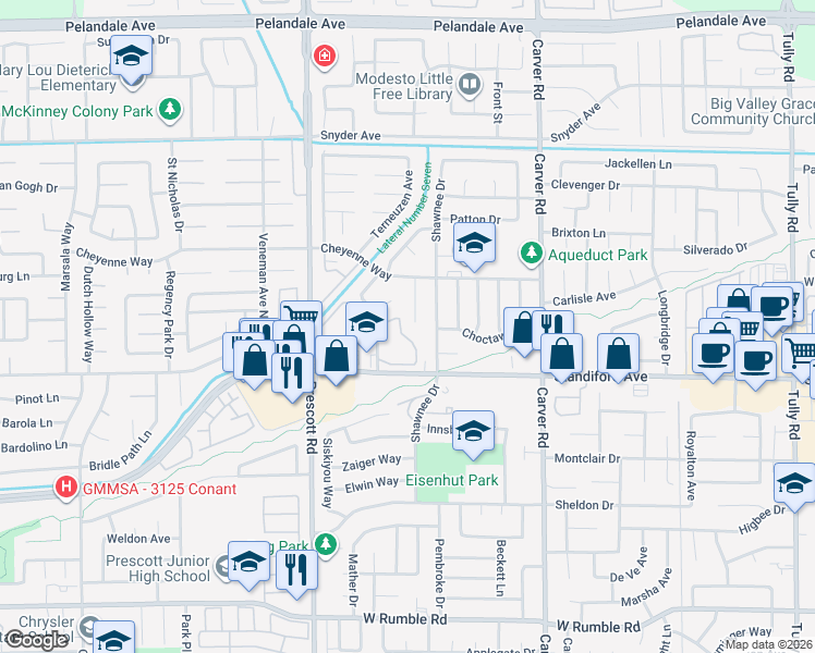 map of restaurants, bars, coffee shops, grocery stores, and more near 3601 Agate Drive in Modesto