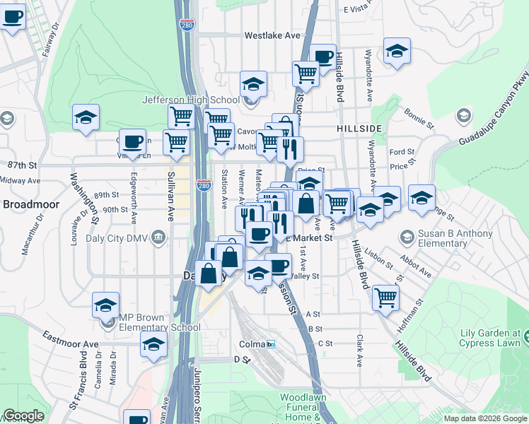 map of restaurants, bars, coffee shops, grocery stores, and more near 127 Mateo Avenue in Daly City