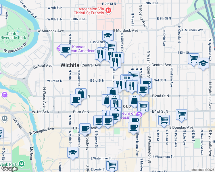 map of restaurants, bars, coffee shops, grocery stores, and more near 324 North Emporia Avenue in Wichita