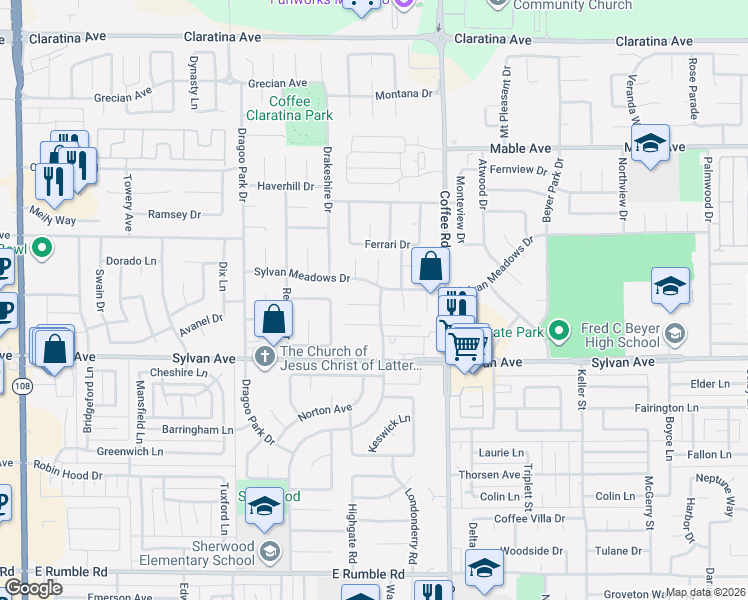map of restaurants, bars, coffee shops, grocery stores, and more near 1008 Claremont Court in Modesto