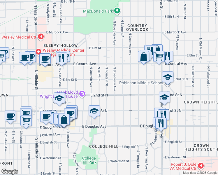 map of restaurants, bars, coffee shops, grocery stores, and more near 300-398 N Fountain in Wichita
