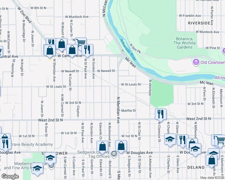 map of restaurants, bars, coffee shops, grocery stores, and more near 432 Richmond North in Wichita