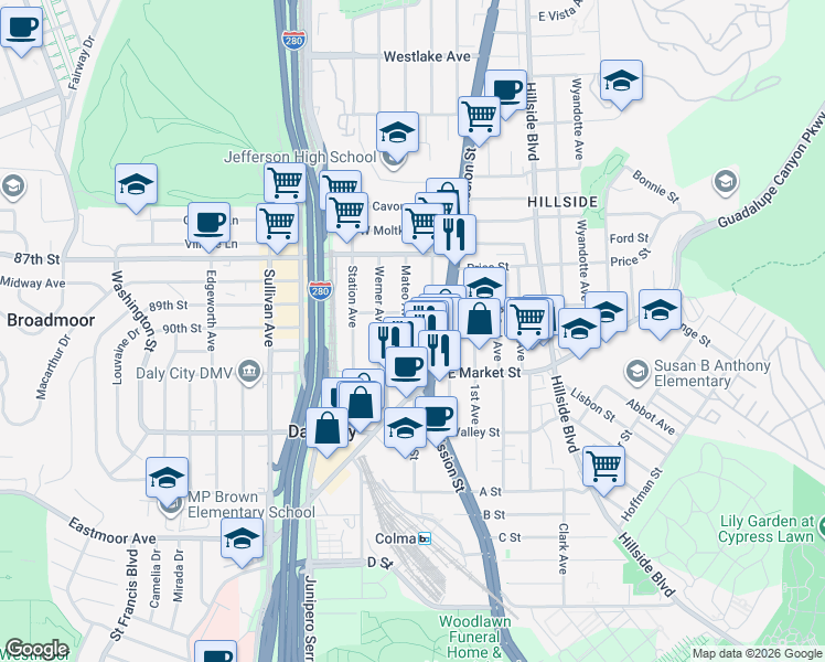 map of restaurants, bars, coffee shops, grocery stores, and more near 127 Mateo Avenue in Daly City