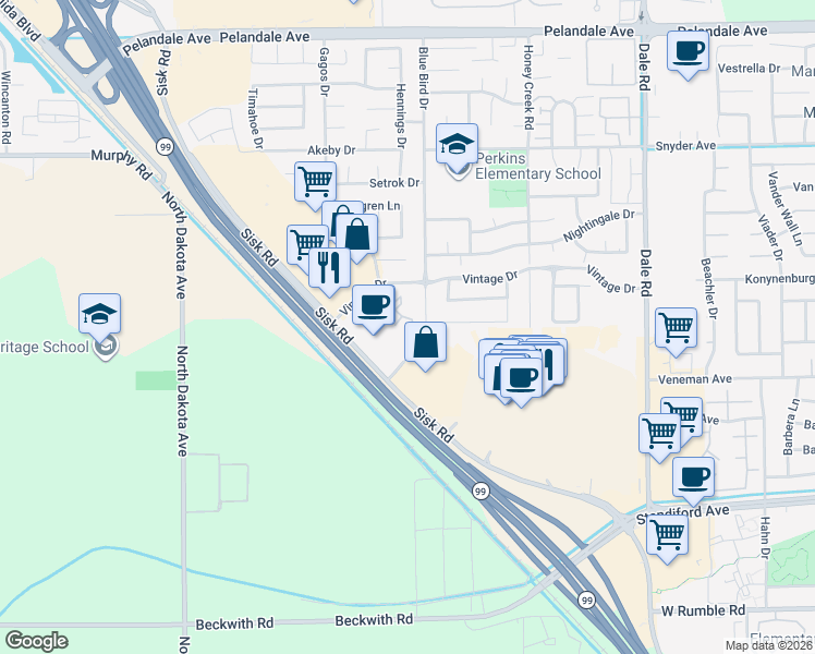 map of restaurants, bars, coffee shops, grocery stores, and more near 3400 Sullivan Court in Modesto