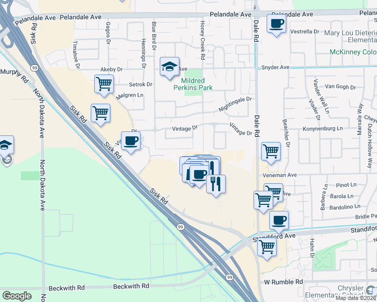 map of restaurants, bars, coffee shops, grocery stores, and more near in Modesto