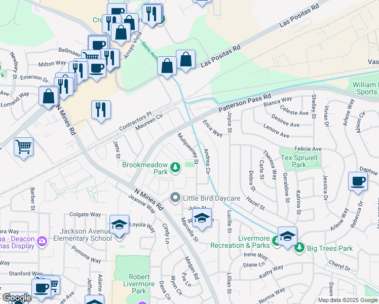 map of restaurants, bars, coffee shops, grocery stores, and more near 413 Mulqueeney Street in Livermore