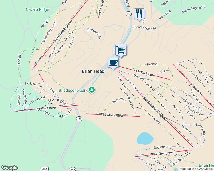 map of restaurants, bars, coffee shops, grocery stores, and more near 700 South Vasels Road in Brian Head