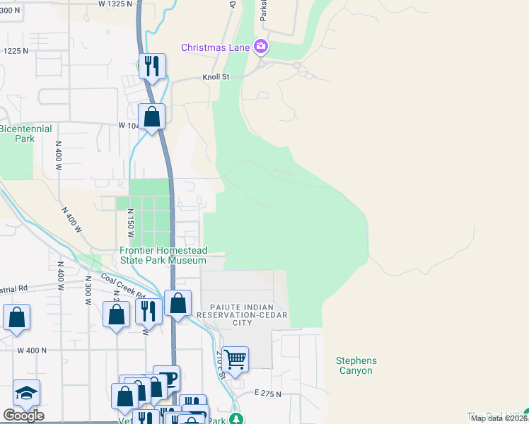 map of restaurants, bars, coffee shops, grocery stores, and more near 364 East Cedar Ridge Circle in Cedar City