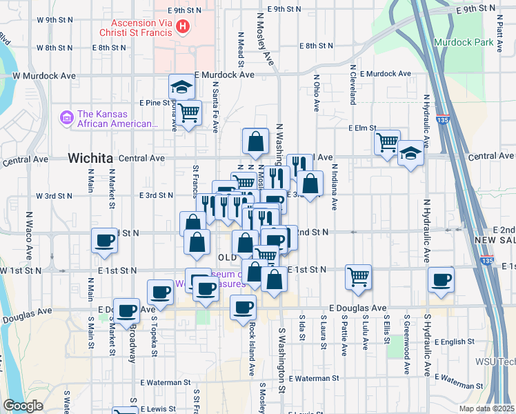 map of restaurants, bars, coffee shops, grocery stores, and more near 301 Washington North in Wichita