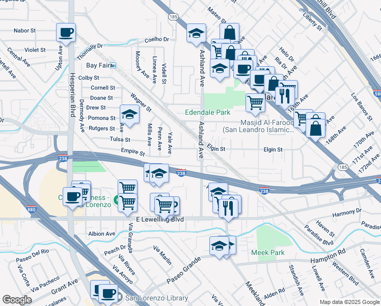 map of restaurants, bars, coffee shops, grocery stores, and more near 540 Crespi Place in San Lorenzo