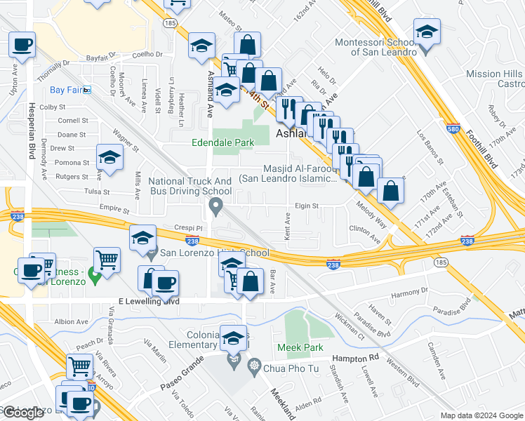 map of restaurants, bars, coffee shops, grocery stores, and more near 949 Elgin Street in San Lorenzo