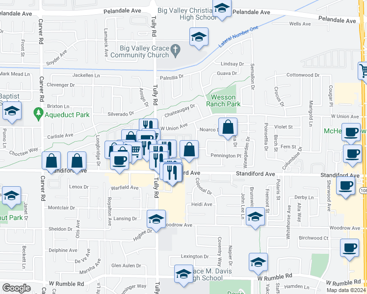 map of restaurants, bars, coffee shops, grocery stores, and more near 3701 Colonial Drive in Modesto