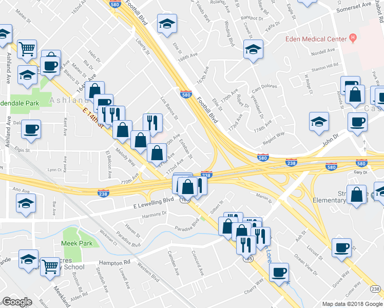 map of restaurants, bars, coffee shops, grocery stores, and more near 17356 Esteban Street in Hayward