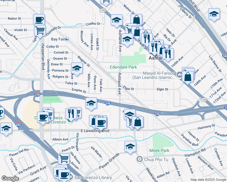 map of restaurants, bars, coffee shops, grocery stores, and more near 540 Crespi Place in San Lorenzo