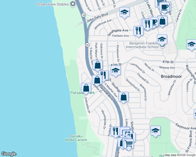 map of restaurants, bars, coffee shops, grocery stores, and more near 202 Westridge Avenue in Daly City