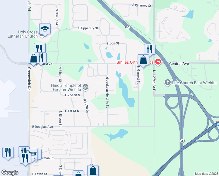map of restaurants, bars, coffee shops, grocery stores, and more near 330 North Jackson Heights Street in Wichita