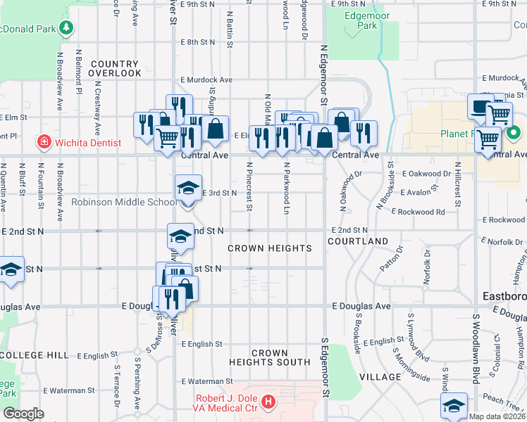 map of restaurants, bars, coffee shops, grocery stores, and more near 309 North Old Manor Road in Wichita