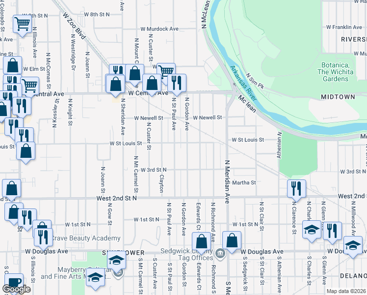 map of restaurants, bars, coffee shops, grocery stores, and more near 434 North Saint Paul Street in Wichita