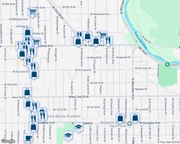 map of restaurants, bars, coffee shops, grocery stores, and more near 425 North Custer Street in Wichita