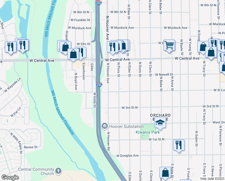 map of restaurants, bars, coffee shops, grocery stores, and more near 444 North Hoover Road in Wichita