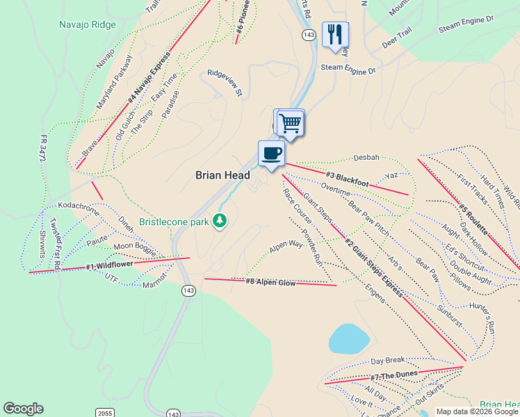 map of restaurants, bars, coffee shops, grocery stores, and more near 700 South Vasels Road in Brian Head