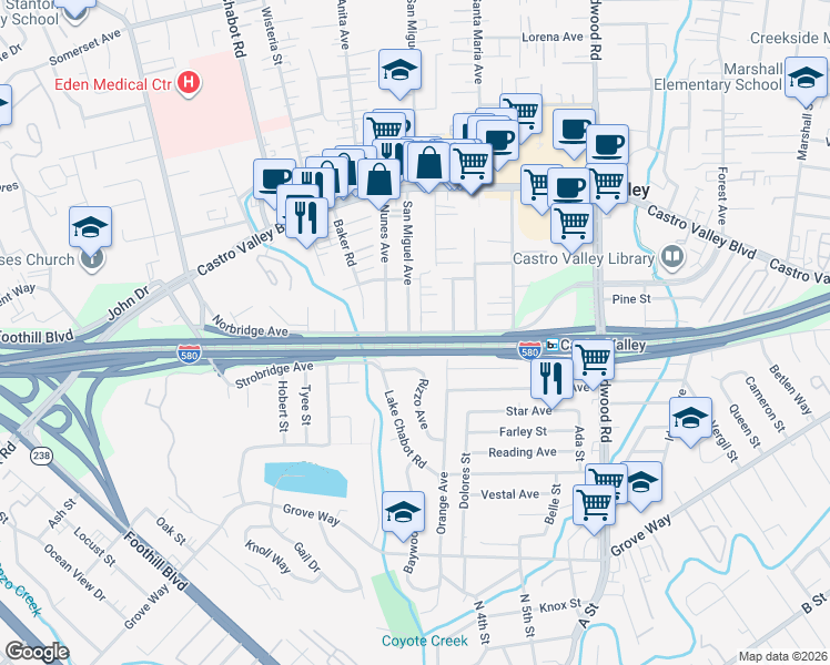 map of restaurants, bars, coffee shops, grocery stores, and more near 21354 Rizzo Avenue in Castro Valley