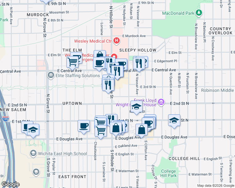 map of restaurants, bars, coffee shops, grocery stores, and more near 3241 Chatfield Place in Wichita