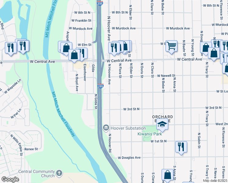 map of restaurants, bars, coffee shops, grocery stores, and more near 444 North Hoover Road in Wichita