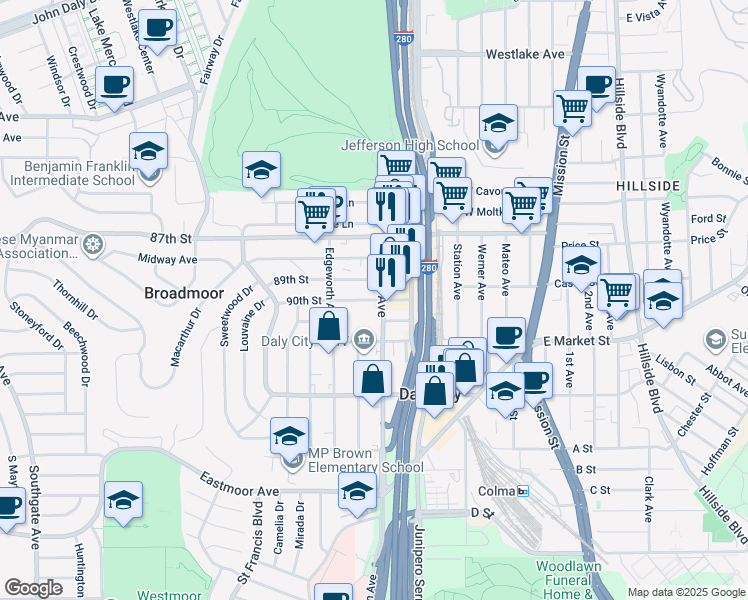 map of restaurants, bars, coffee shops, grocery stores, and more near 2 90th Street in Daly City