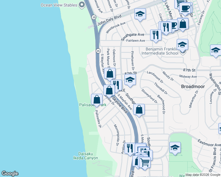 map of restaurants, bars, coffee shops, grocery stores, and more near 202 Westridge Avenue in Daly City