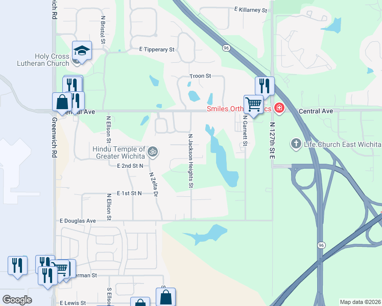 map of restaurants, bars, coffee shops, grocery stores, and more near 235 North Jackson Heights Street in Wichita