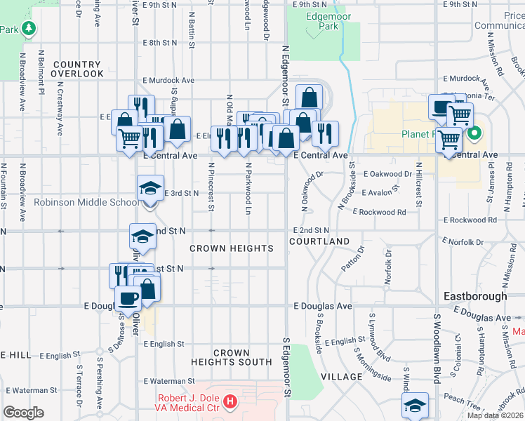 map of restaurants, bars, coffee shops, grocery stores, and more near 308 North Parkwood Lane in Wichita