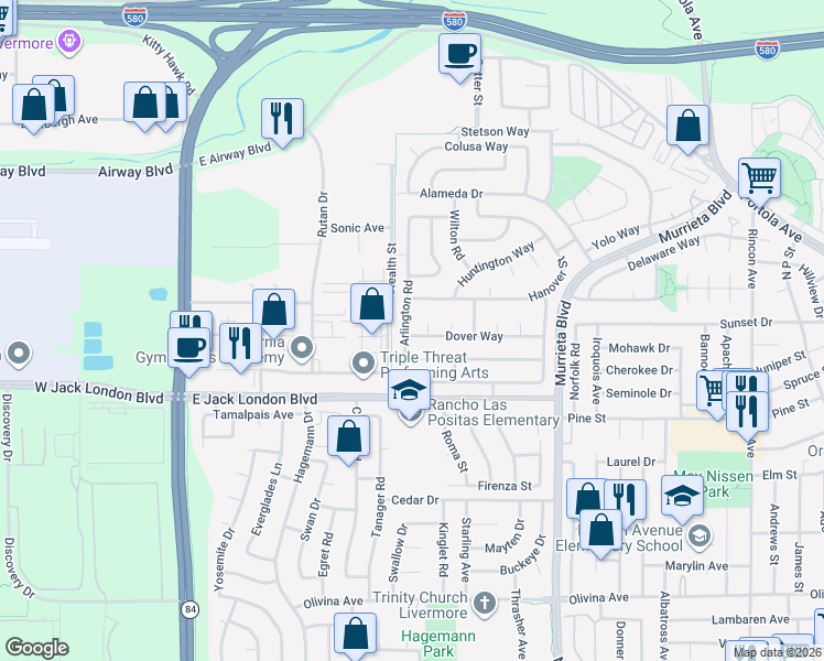 map of restaurants, bars, coffee shops, grocery stores, and more near 1217 Arlington Road in Livermore