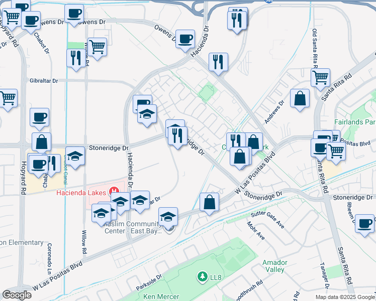 map of restaurants, bars, coffee shops, grocery stores, and more near 5675 Gibraltar Drive in Pleasanton