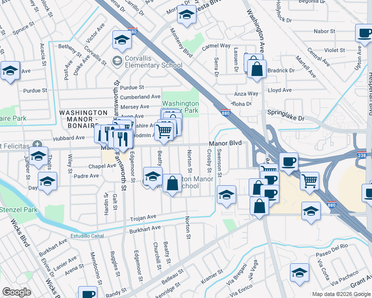 map of restaurants, bars, coffee shops, grocery stores, and more near 15001 Norton Street in San Leandro